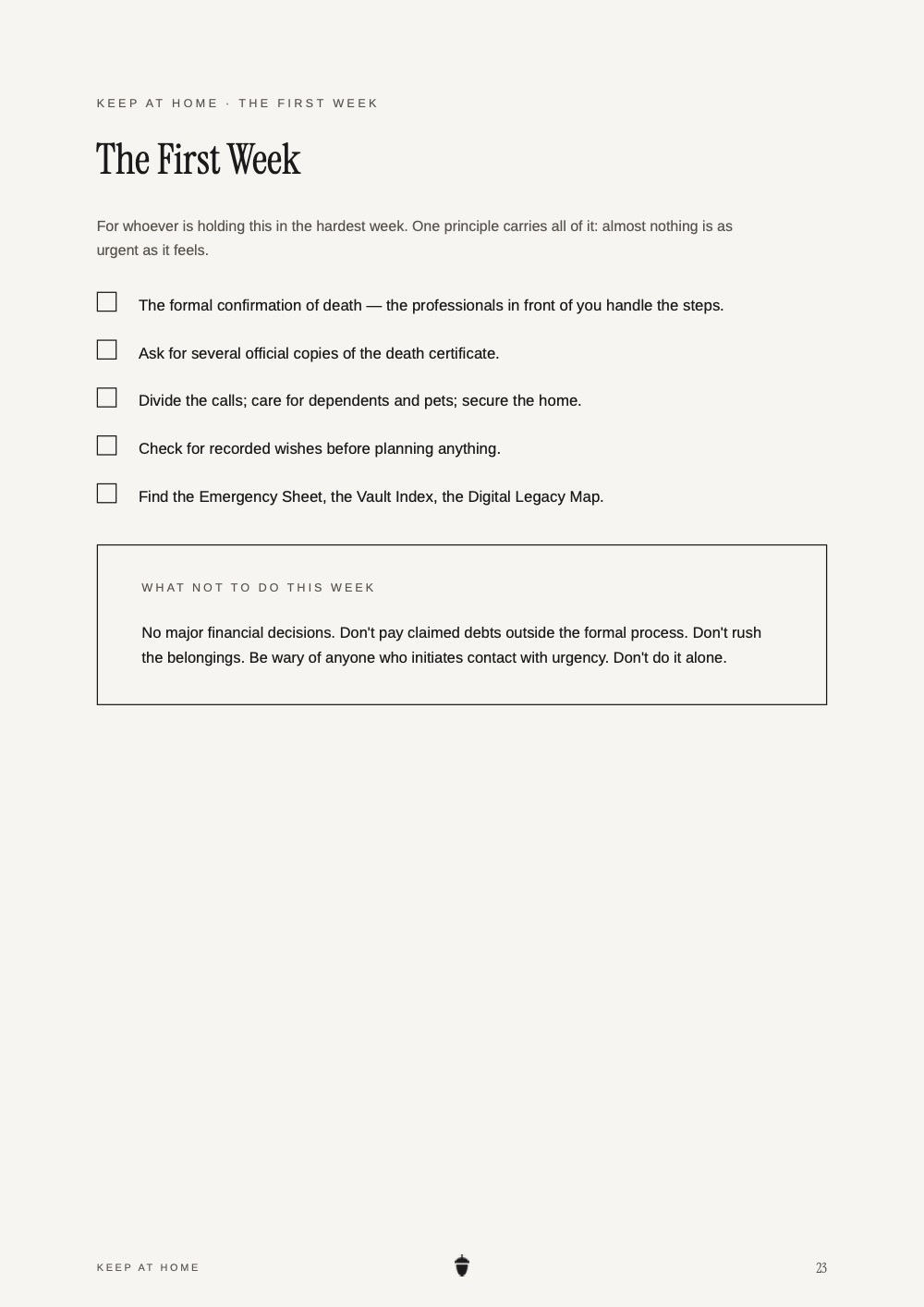 The First Week reference page from the Workbook